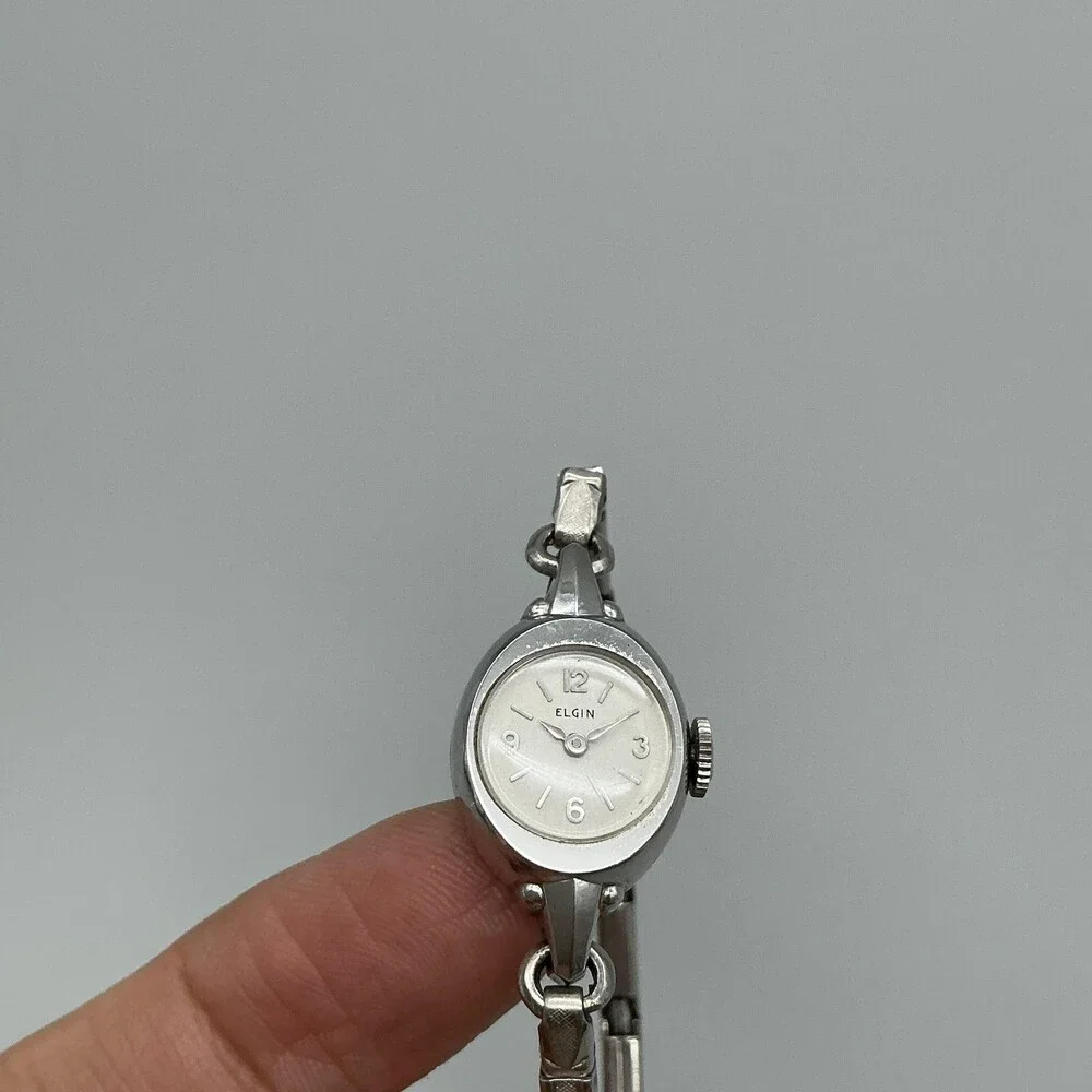 Vintage Elgin Womens Watch 10K RGP Bezel 14mm White Dial Stretch Bracelet Manual